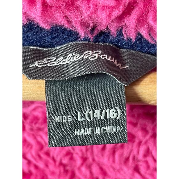 Eddie Bauer Girls Jacket Fuzzy Fleece ColorBlock Sz 14/16 Large Pink Blue Hood - Picture 5 of 7